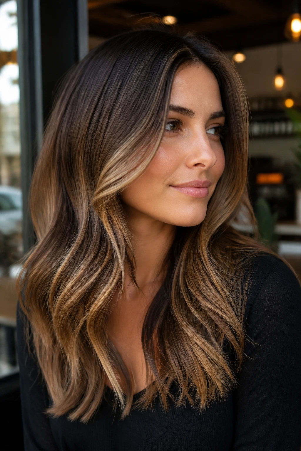 Portrait of a real woman with praline brunette hair featuring beige-gold dimension