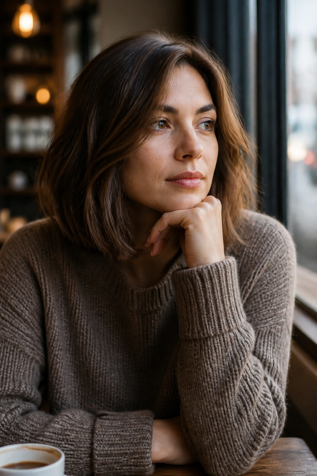 Close-up portrait of a real person with a brown lob looking thoughtful before cutting hair.