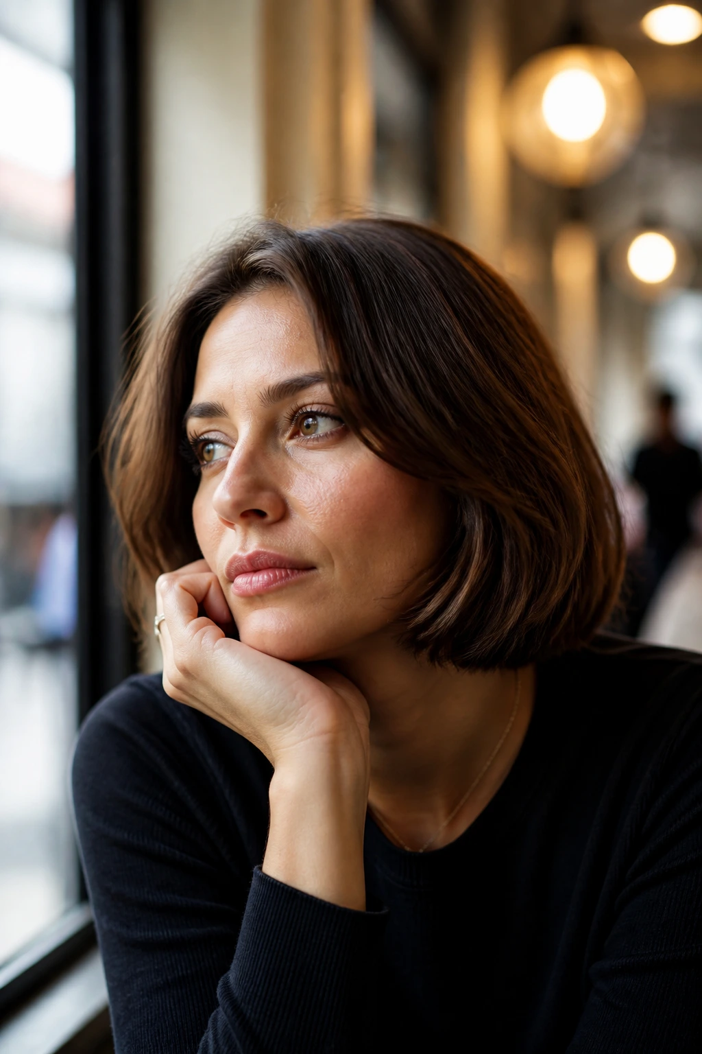 Thoughtful woman with medium bob considering a chop in a cozy cafe light.