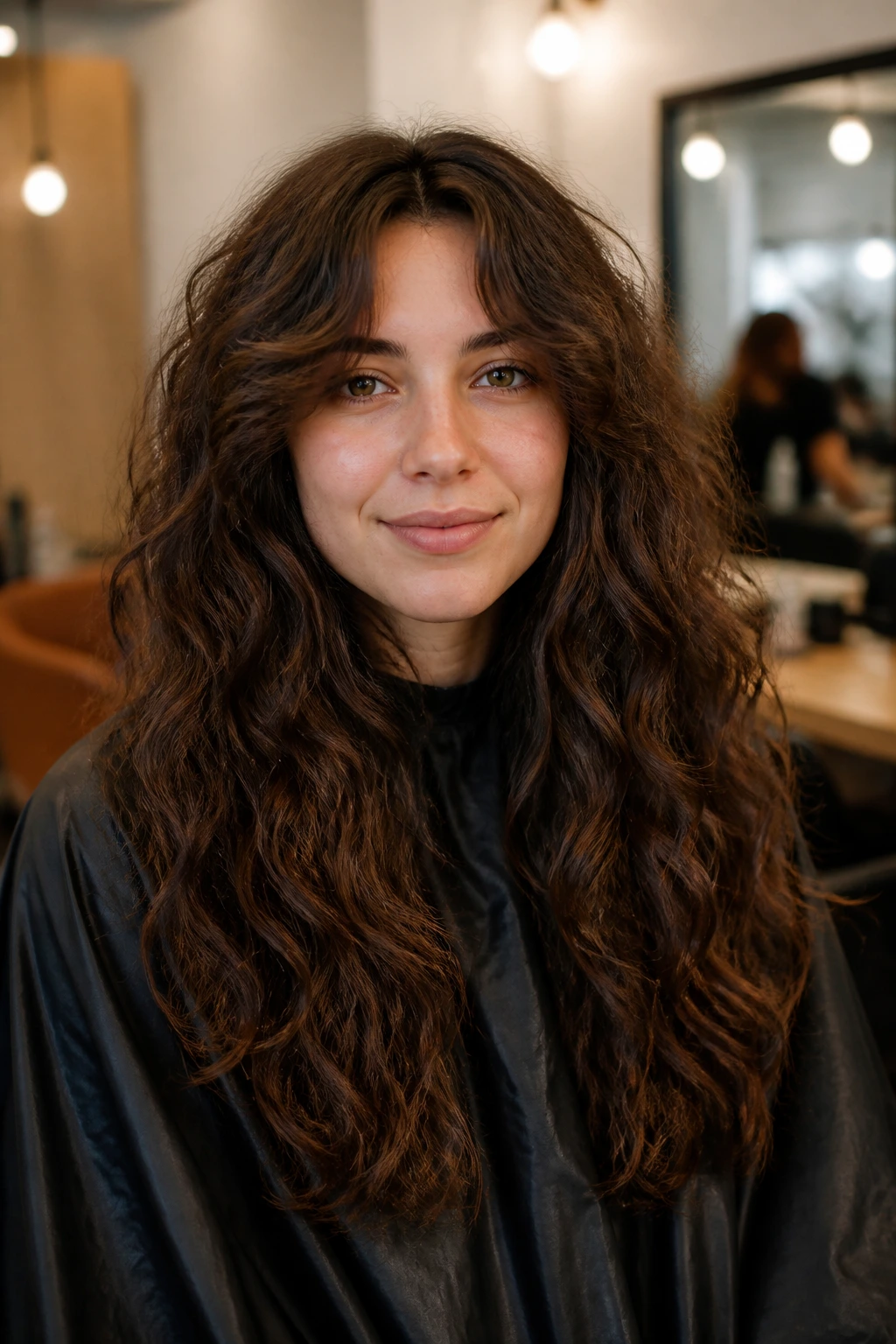 Close-up of a real woman with thick wavy hair before a snip, showing length and texture