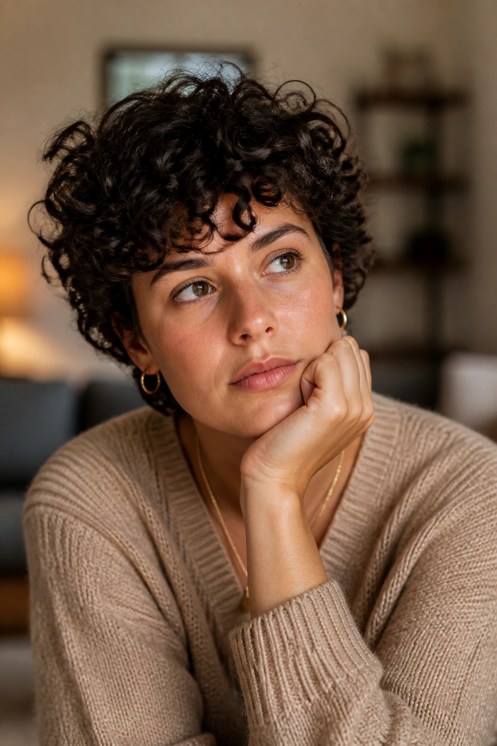 Thoughtful portrait of someone considering a short curly cut