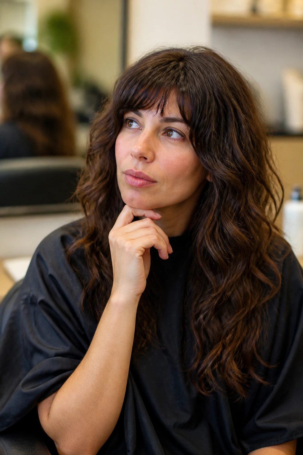 Medium close-up of a real woman in a salon chair contemplating wavy layers