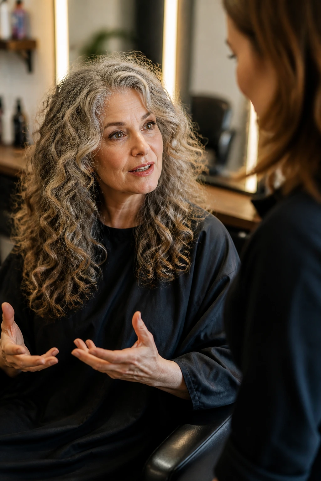 Real woman in a salon chair discussing haircut details with a stylist