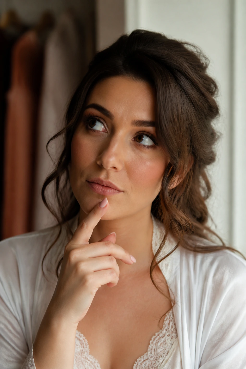 Thoughtful woman with prepared hairstyle in a softly lit dressing area.