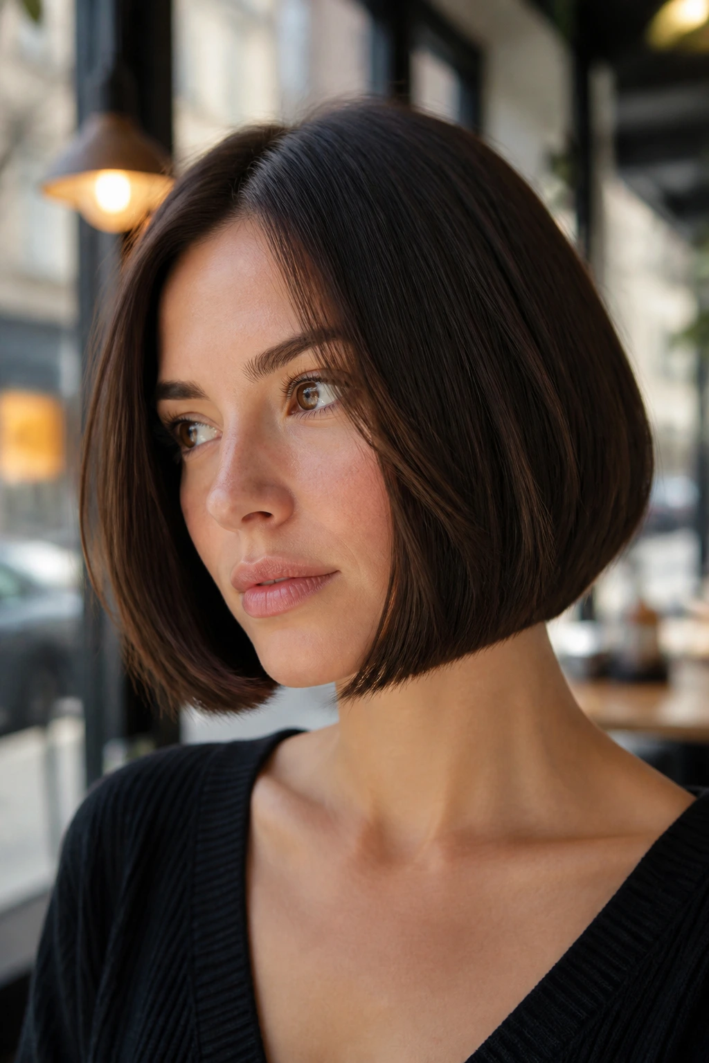 Portrait of a real person with a precise bob and internal weight removal for a strong silhouette.