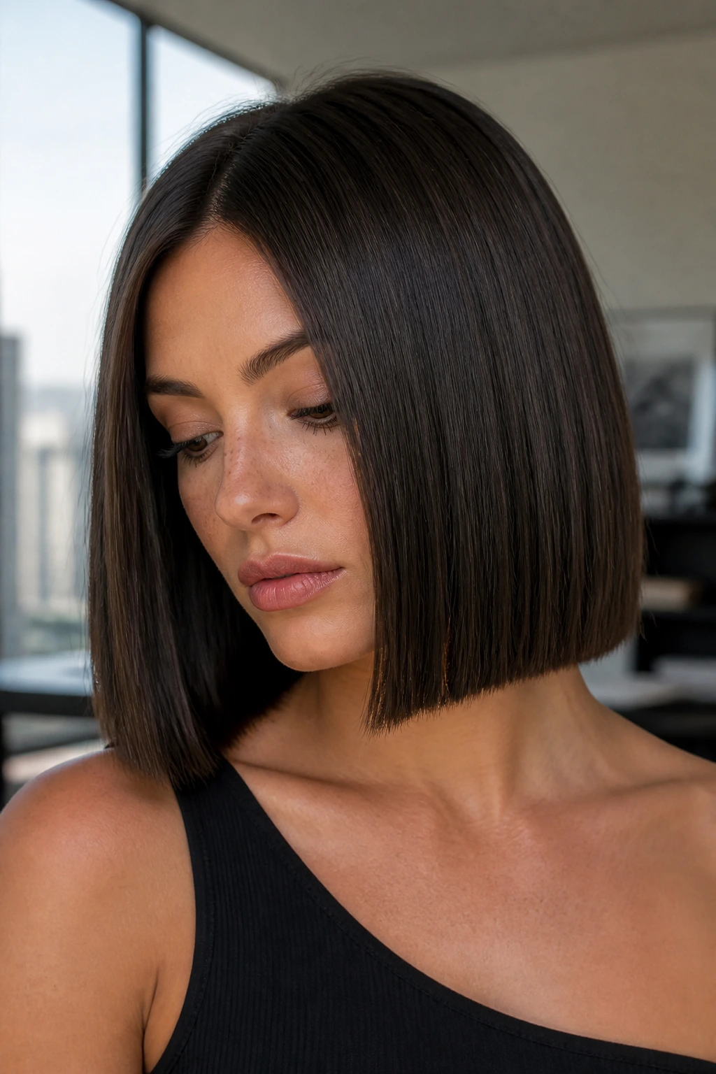 Portrait of a woman with a precise box lob featuring a blunt bottom edge.