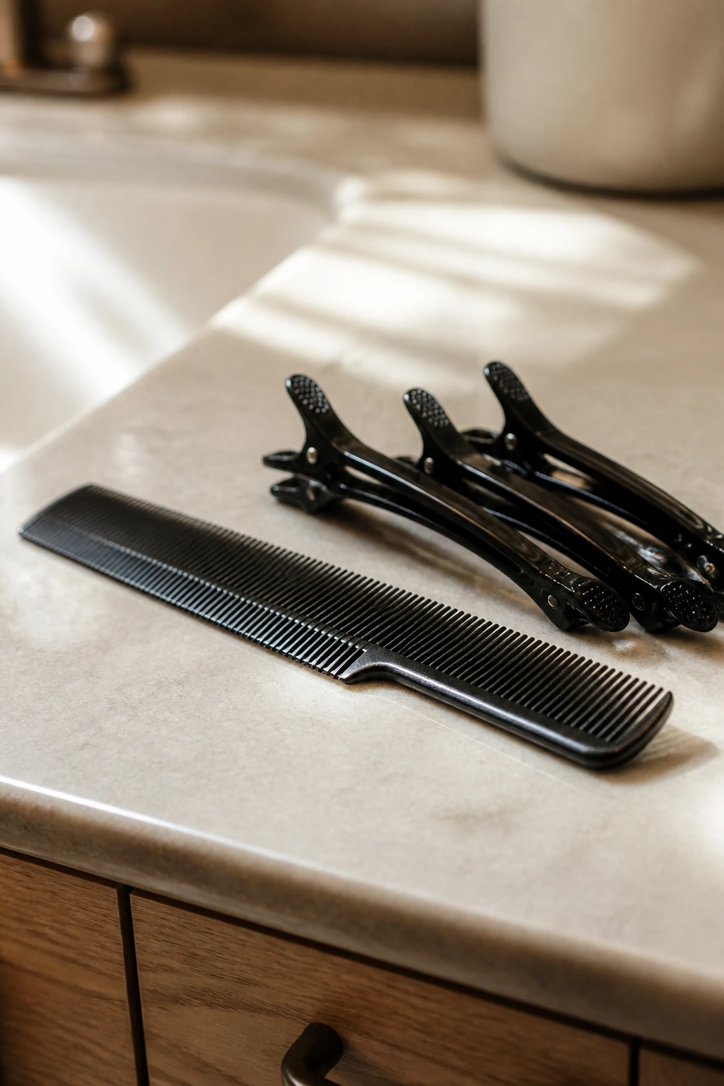 Close-up of a precision comb and sectioning clips on a bathroom counter.