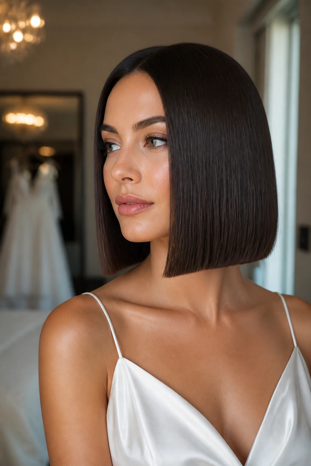 Real bride with a precision straight cut and blunt ends.