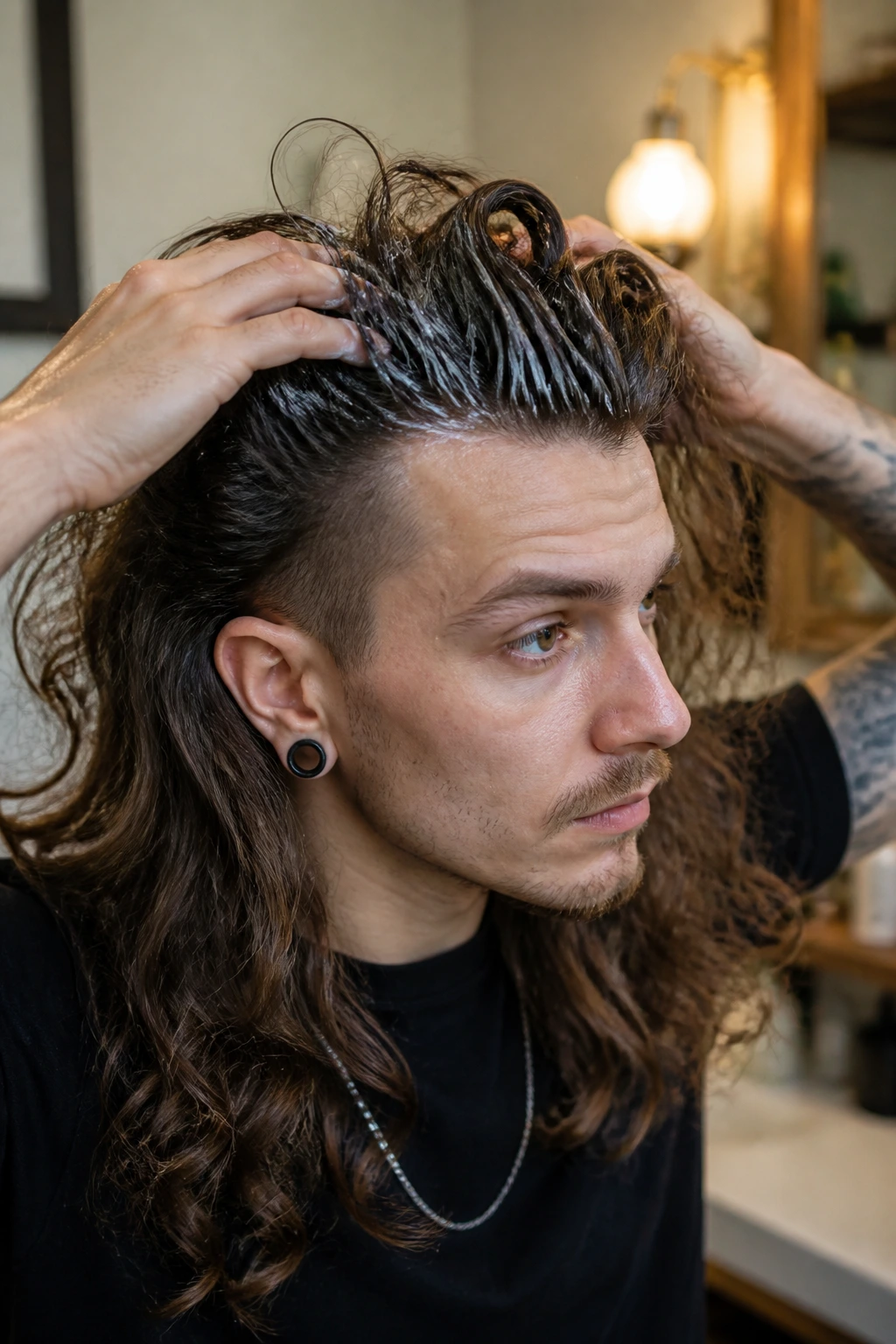 Real person prepping long-hair mohawk with mousse at roots