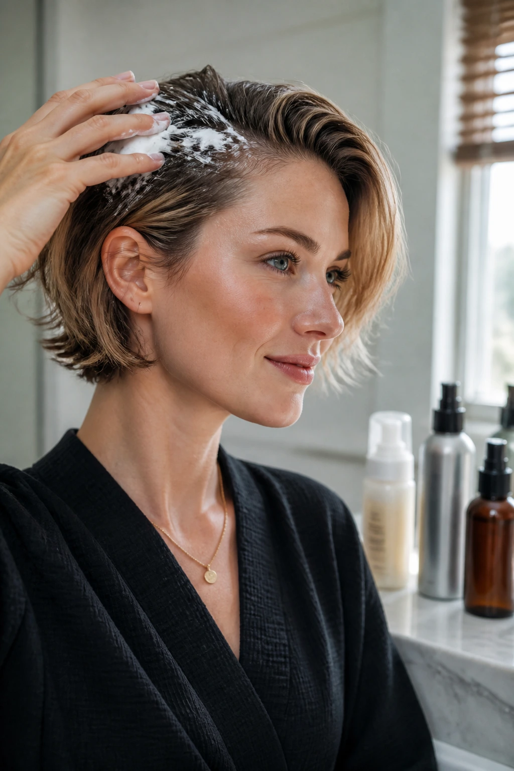 Person applying mousse at roots for short hair prep.