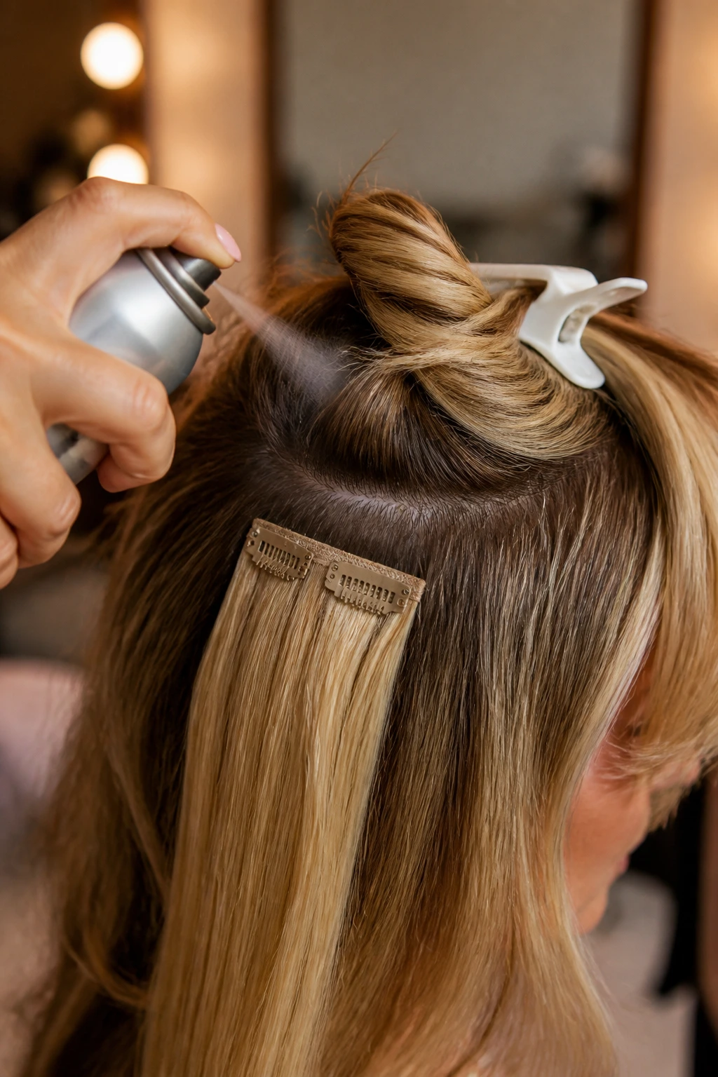 Hands applying texture spray with a clip-in hairpiece near the roots