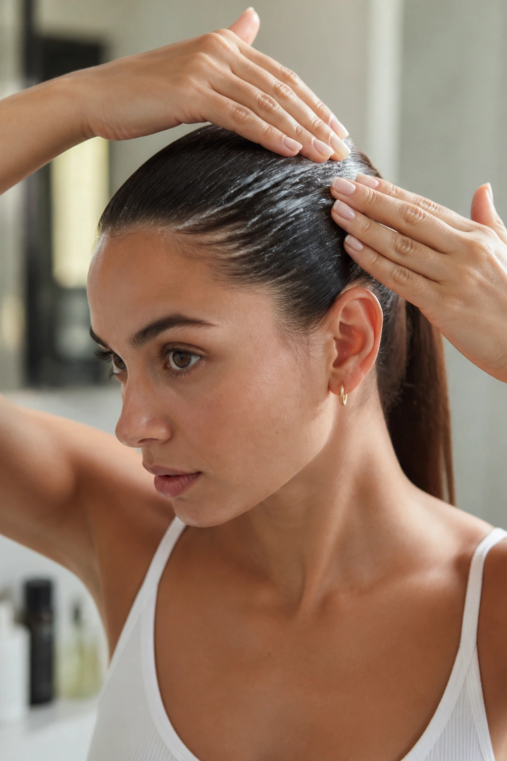 Close-up of a woman's crown being prepped for a sleek ponytail