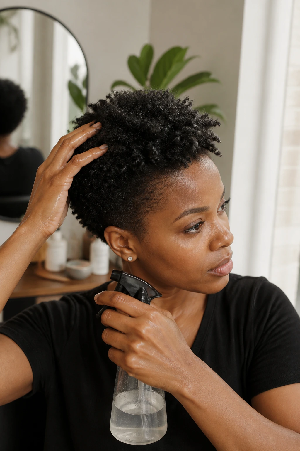 Close-up of hair prep with leave-in conditioner on short natural hair