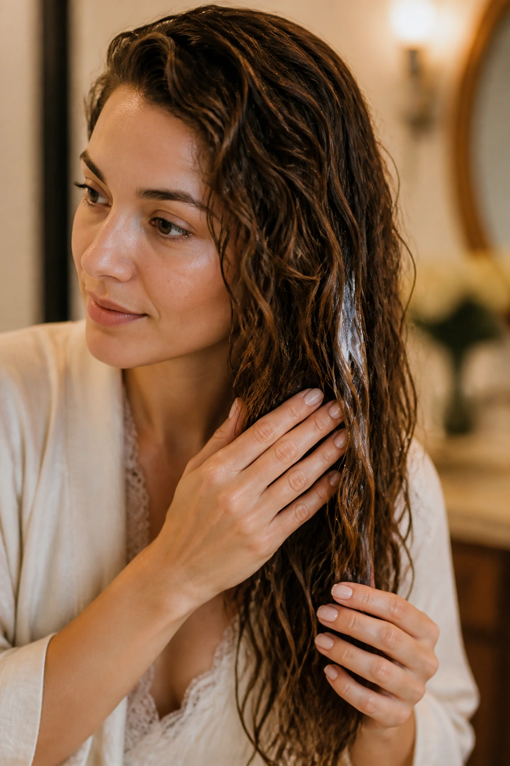 Bride's wavy hair being prepped with leave-in product