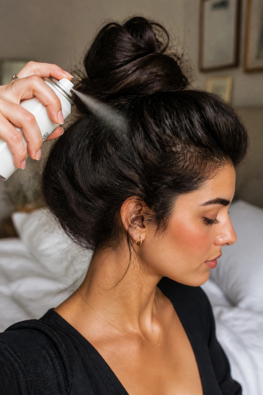 Side profile of a real person with textured hair being prepped with dry shampoo at roots