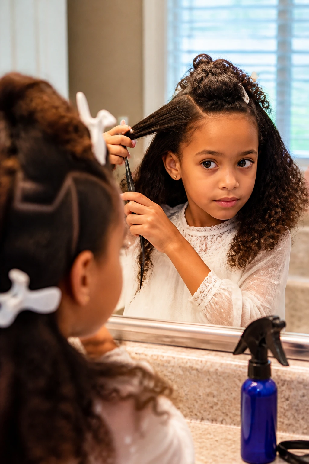 Child prepping hair with sections clipped in a bathroom