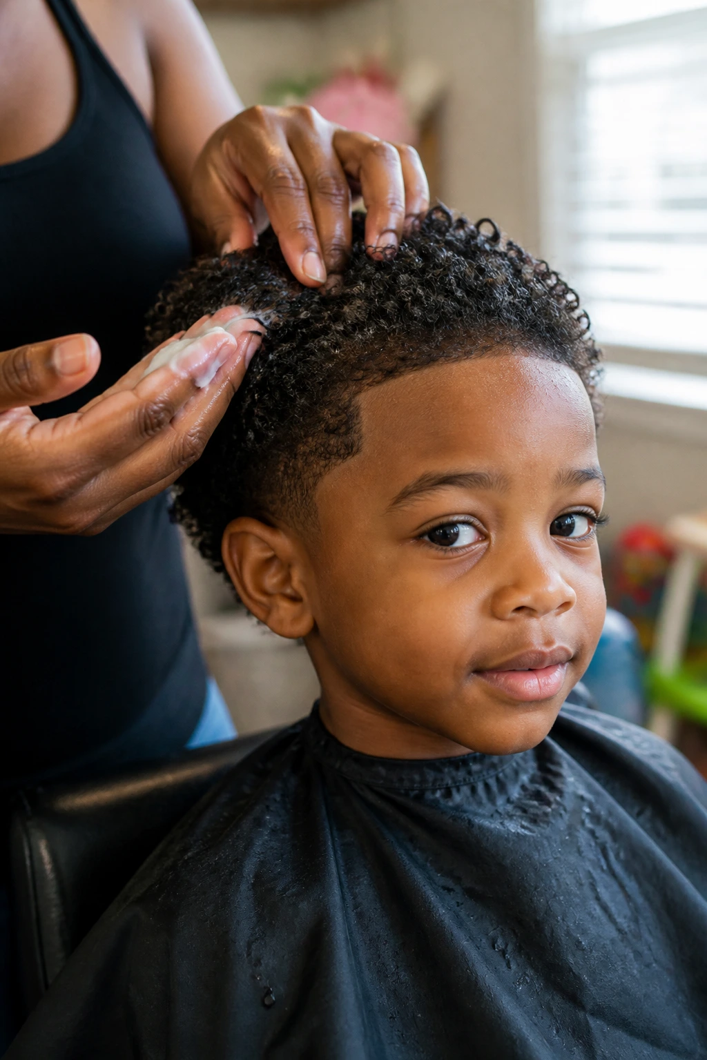 Close-up of a boy's head while conditioner is applied to damp hair in a calm prep moment.