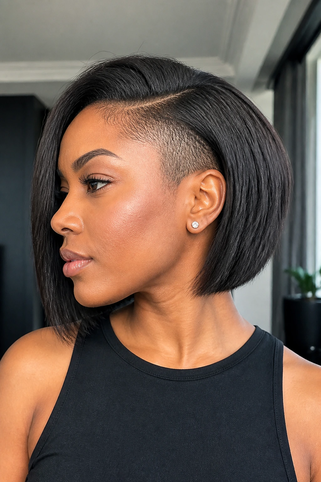 Close-up of a person with pressed natural bob and side undercut