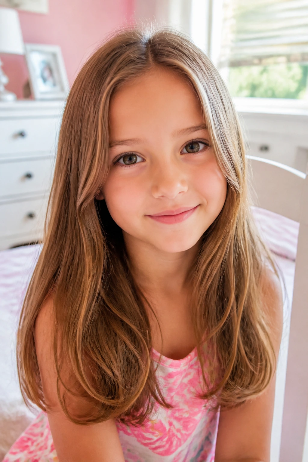 Close-up of a young girl with princess-length hair and soft ends in a sunlit bedroom.