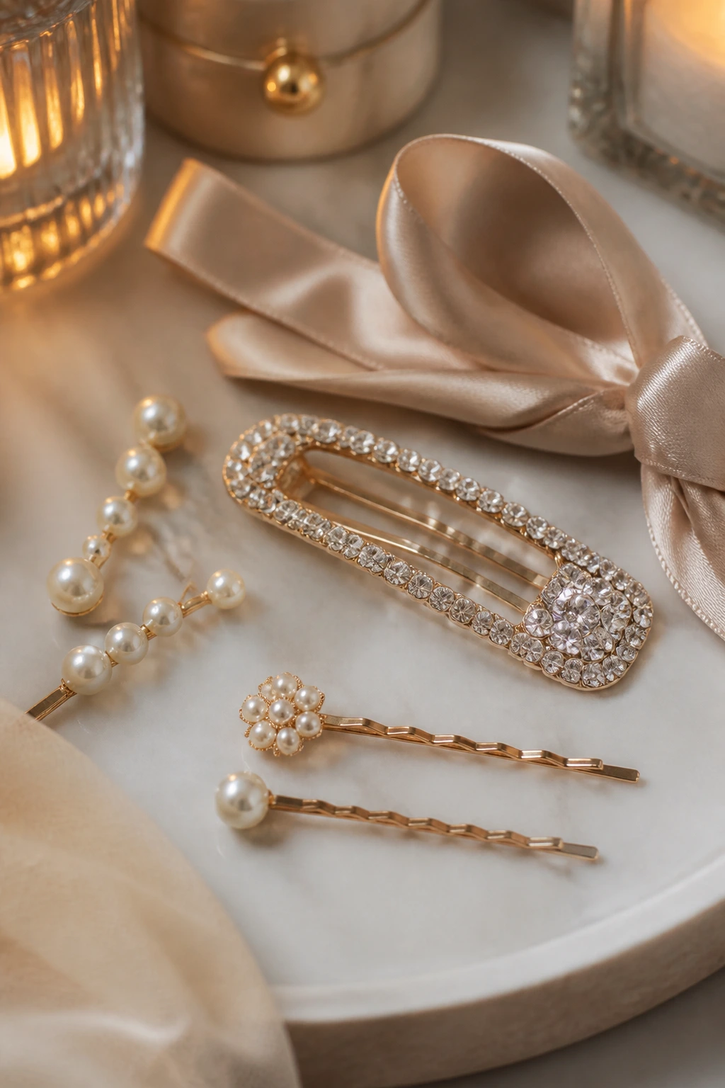 Close-up of pearl pins, rhinestone clip, and satin ribbon arranged on a vanity.