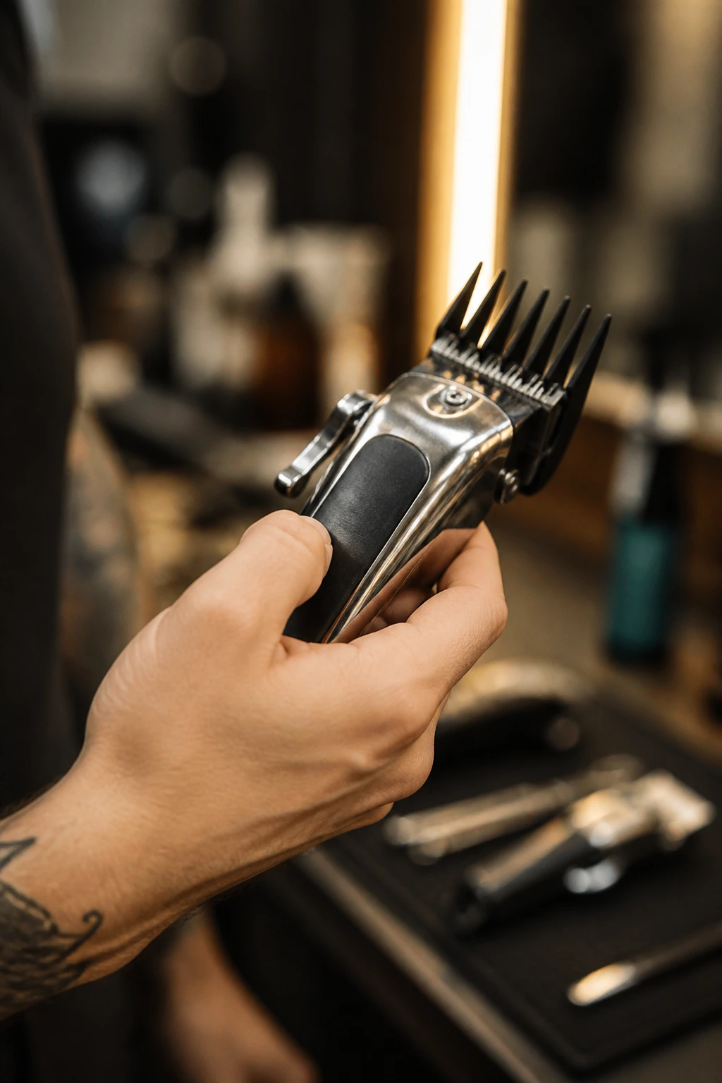 Close-up of a barber's hand holding a professional clipper with guard on a barber station