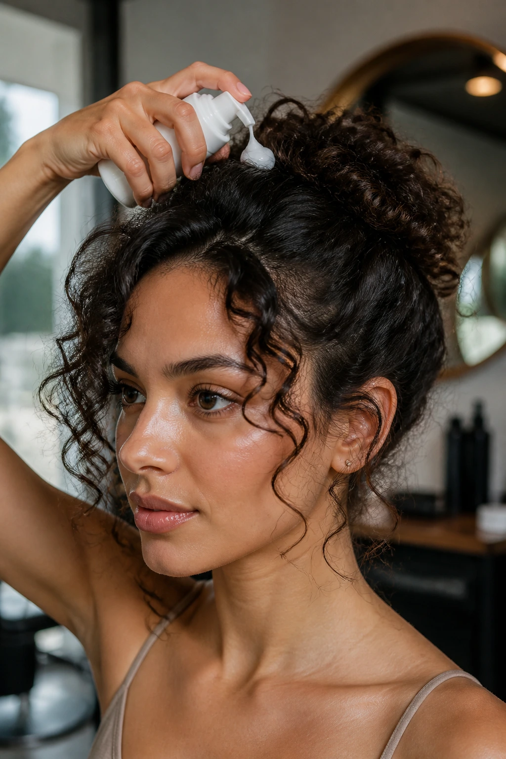Close-up of a hand applying mousse to curls in a salon setting