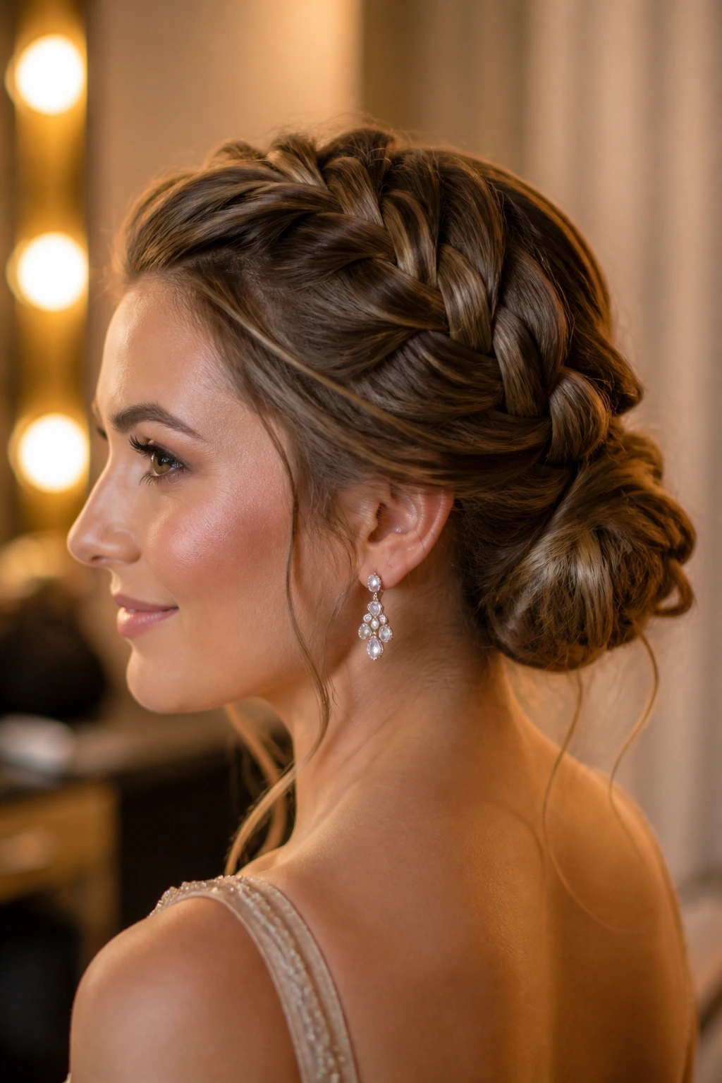 Close-up of a real woman with a Dutch braid leading to a bun at the nape