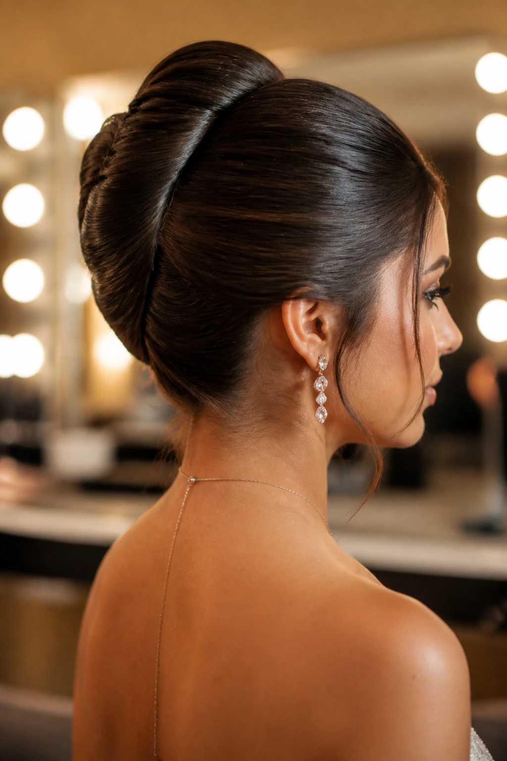 Close-up of a real woman with a sleek French twist in a backstage dressing room