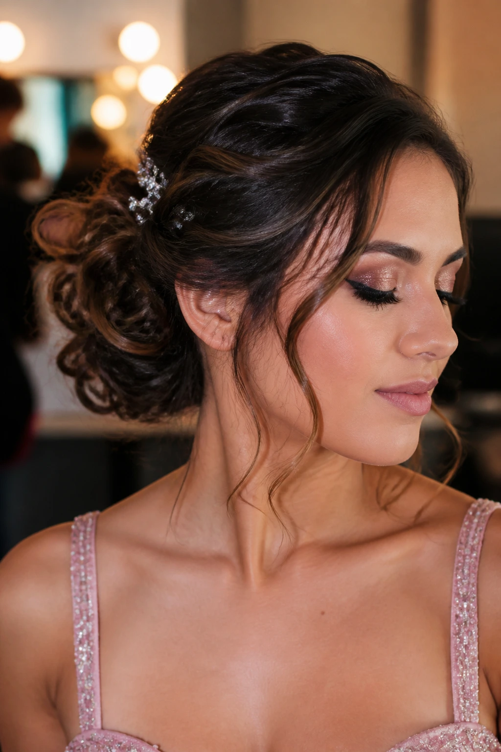 Portrait of a real woman with a structured prom hairstyle pinned in place backstage.