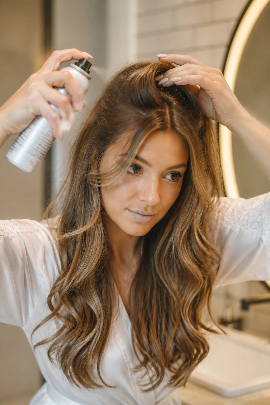 Close-up of a real person prepping hair with texture spray for a half-up style