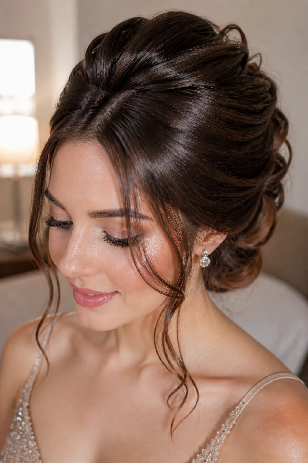 Close-up of a woman with glossy, lifted prom hairstyle showing crown volume.