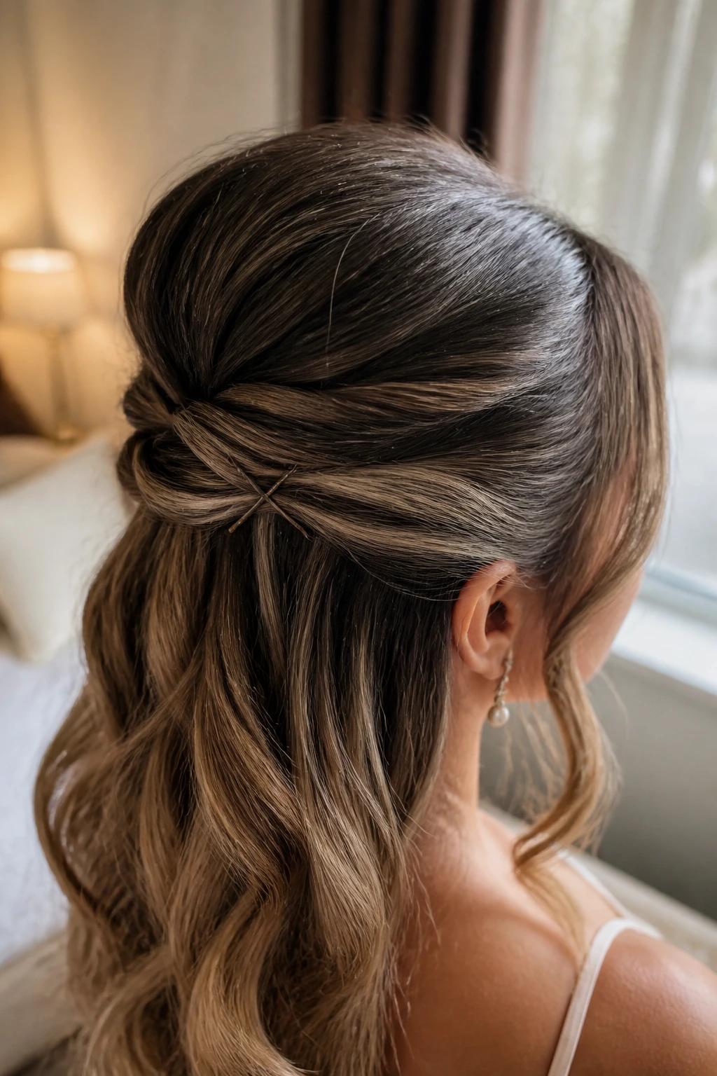 Close-up of prom half-up hairstyle with textured roots and crossed pins securing the twist