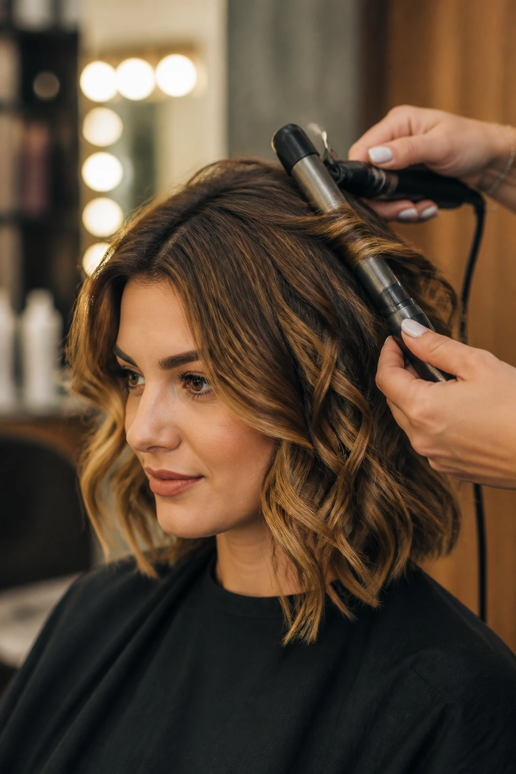 Close-up of a real woman in a salon chair during hair styling with curling wand visible.