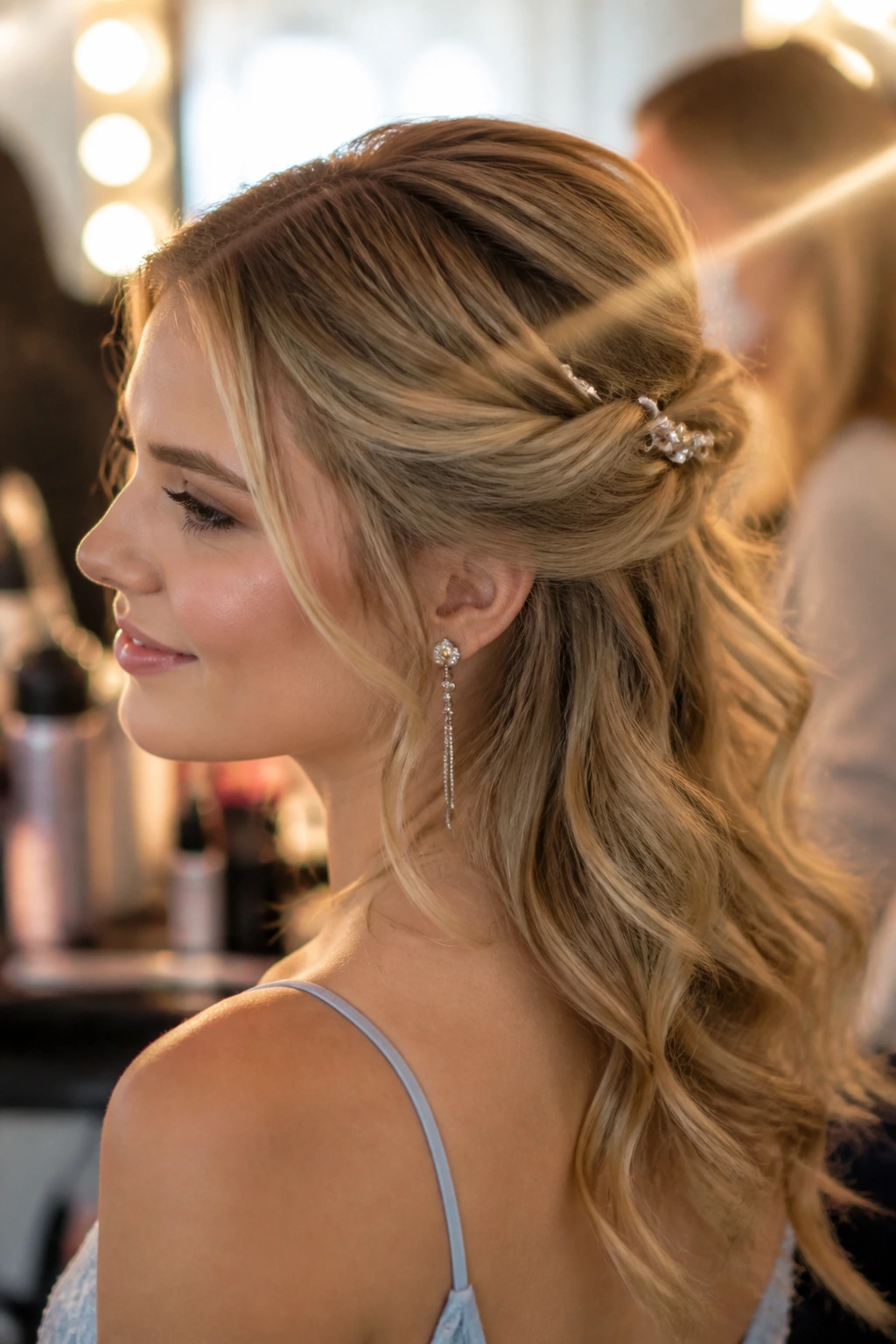 Close-up of a real woman with a prom hairstyle in warm backstage lighting