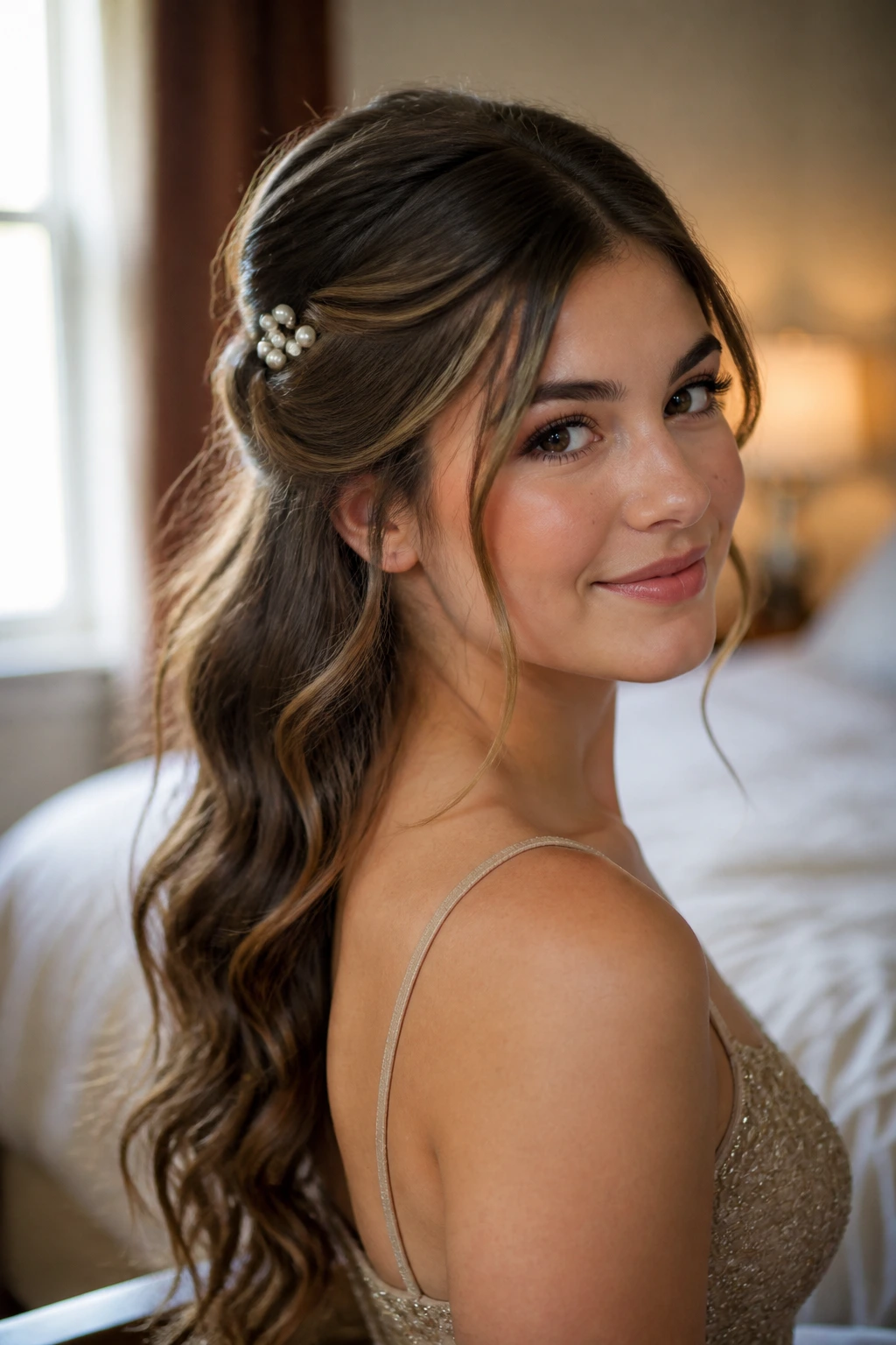 Close-up of a real woman with a pearl-pin prom half up half down hairstyle in warm window light.