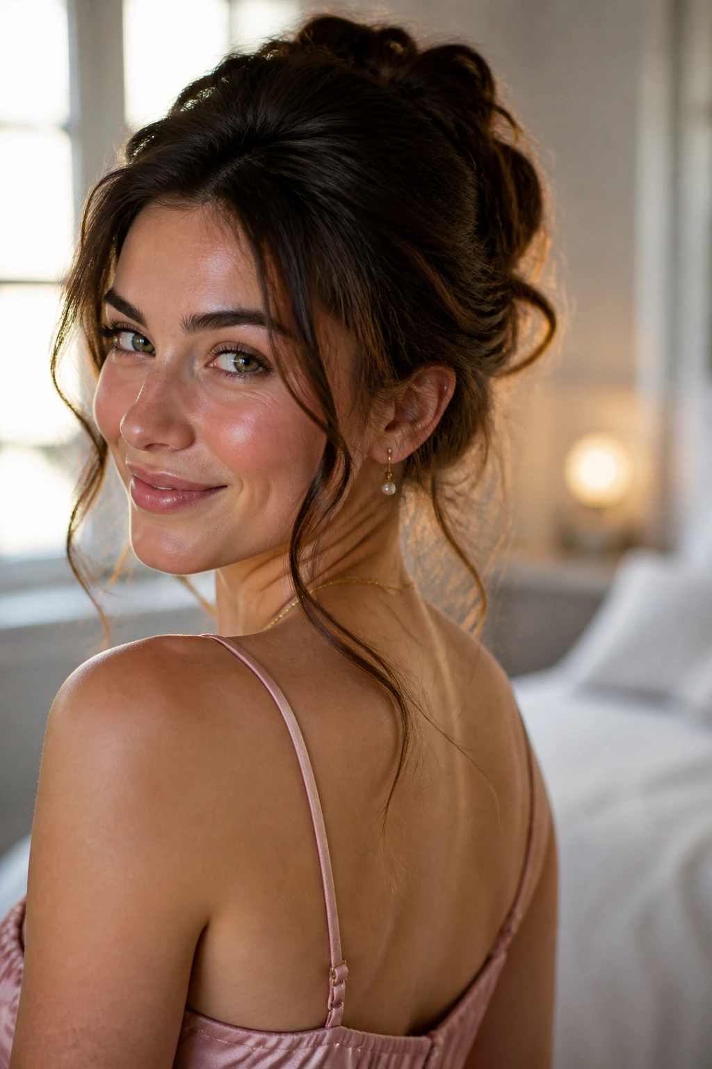 Close-up portrait of a real woman with a soft polished prom hairstyle in warm bedroom light