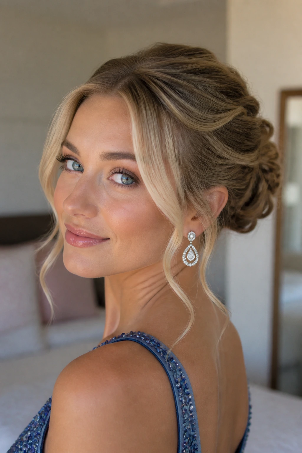Close-up portrait of a real woman with a versatile prom hairstyle under warm window light