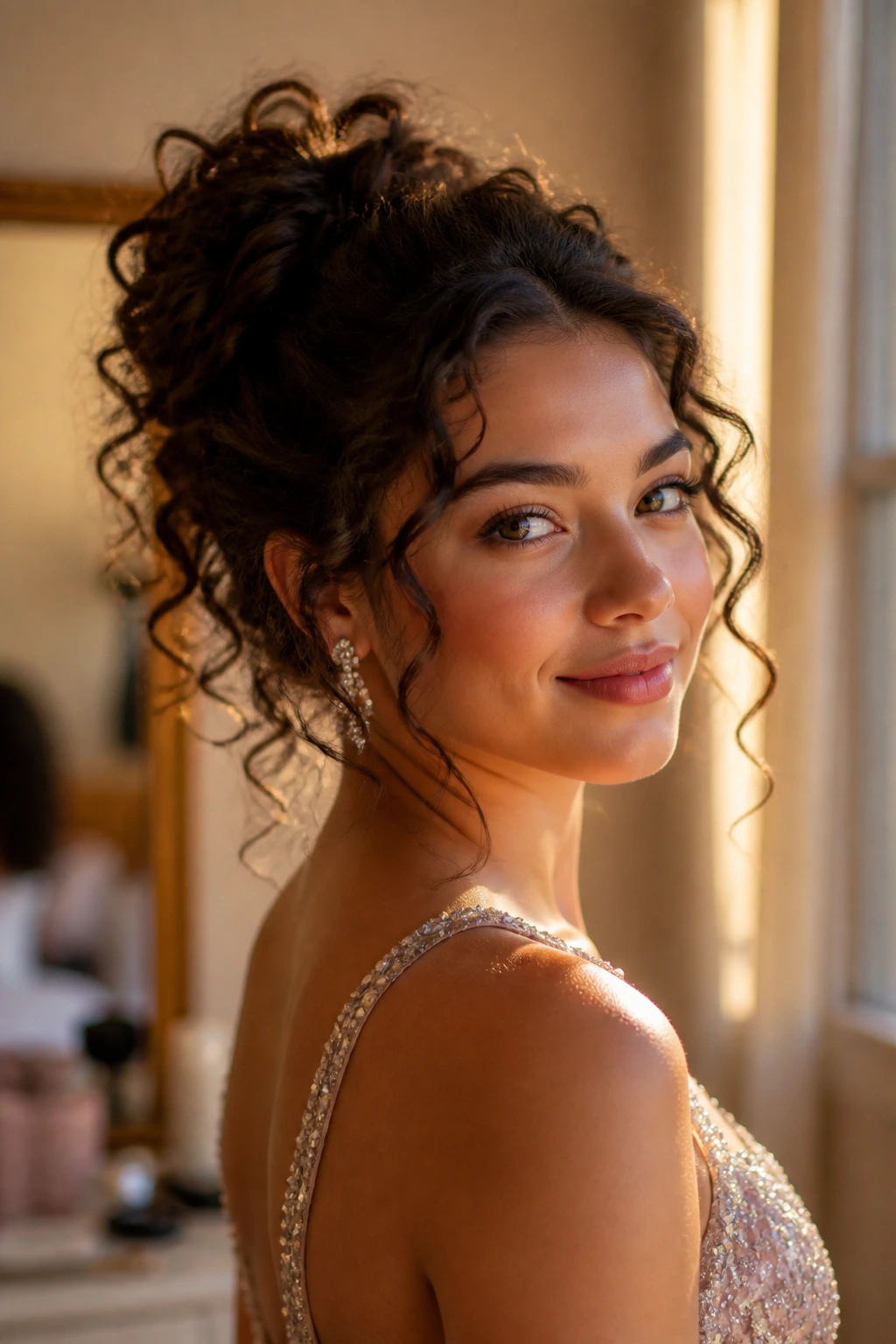 Close-up of a real woman with an authentic curly prom updo that frames the face