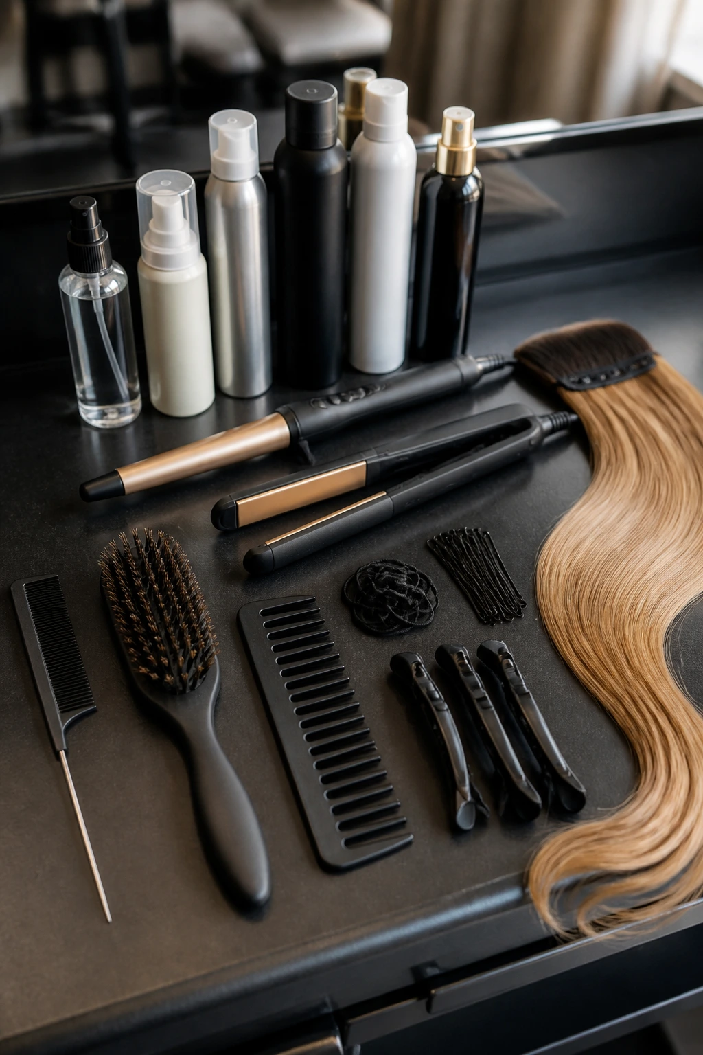 Close-up of prom ponytail tools arranged on a salon counter