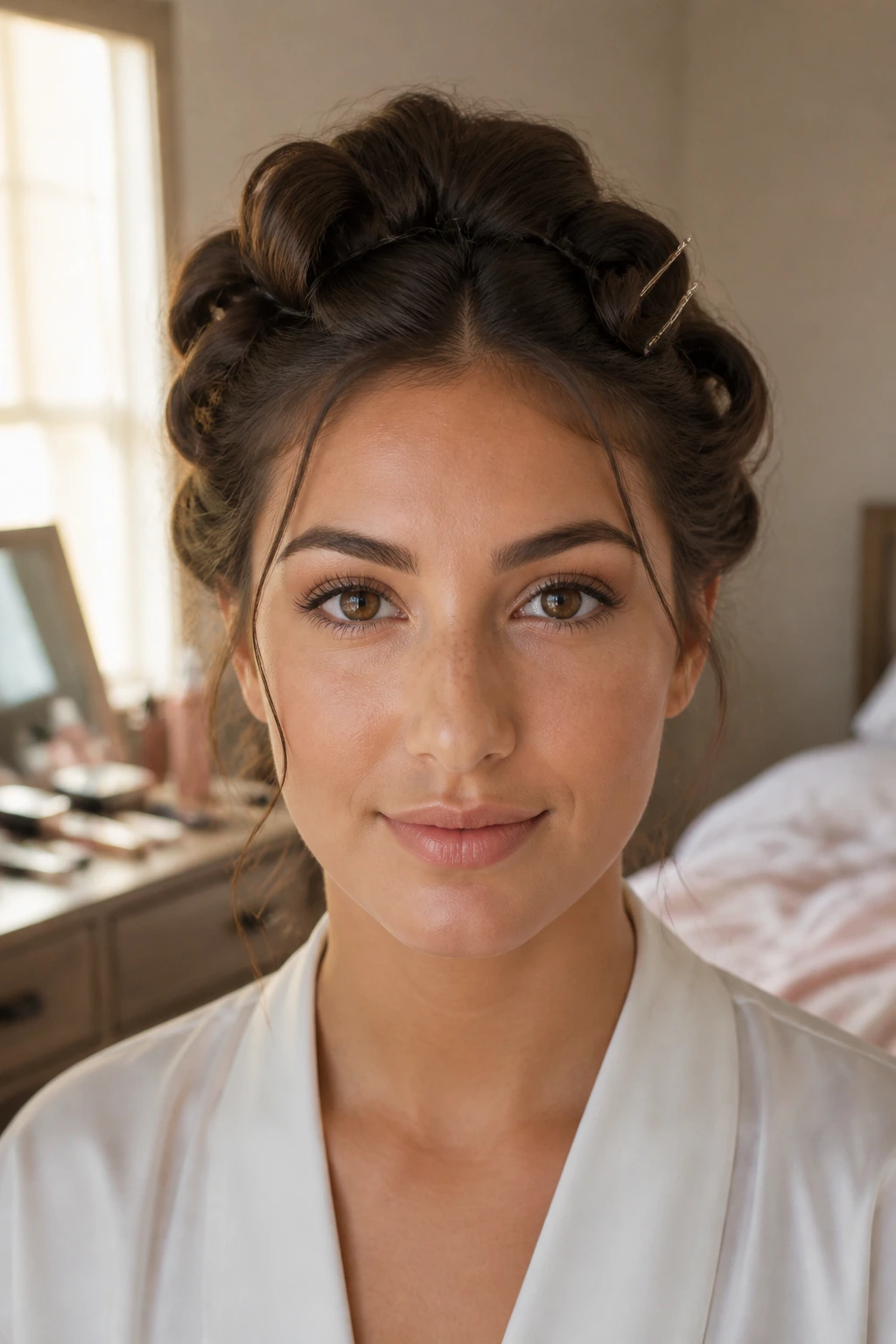 Portrait of a woman in a softly lit bedroom preparing prom hairstyle with pins.