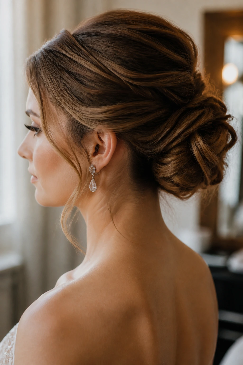 Close-up of a real woman with an anchored updo demonstrating structured prom hair