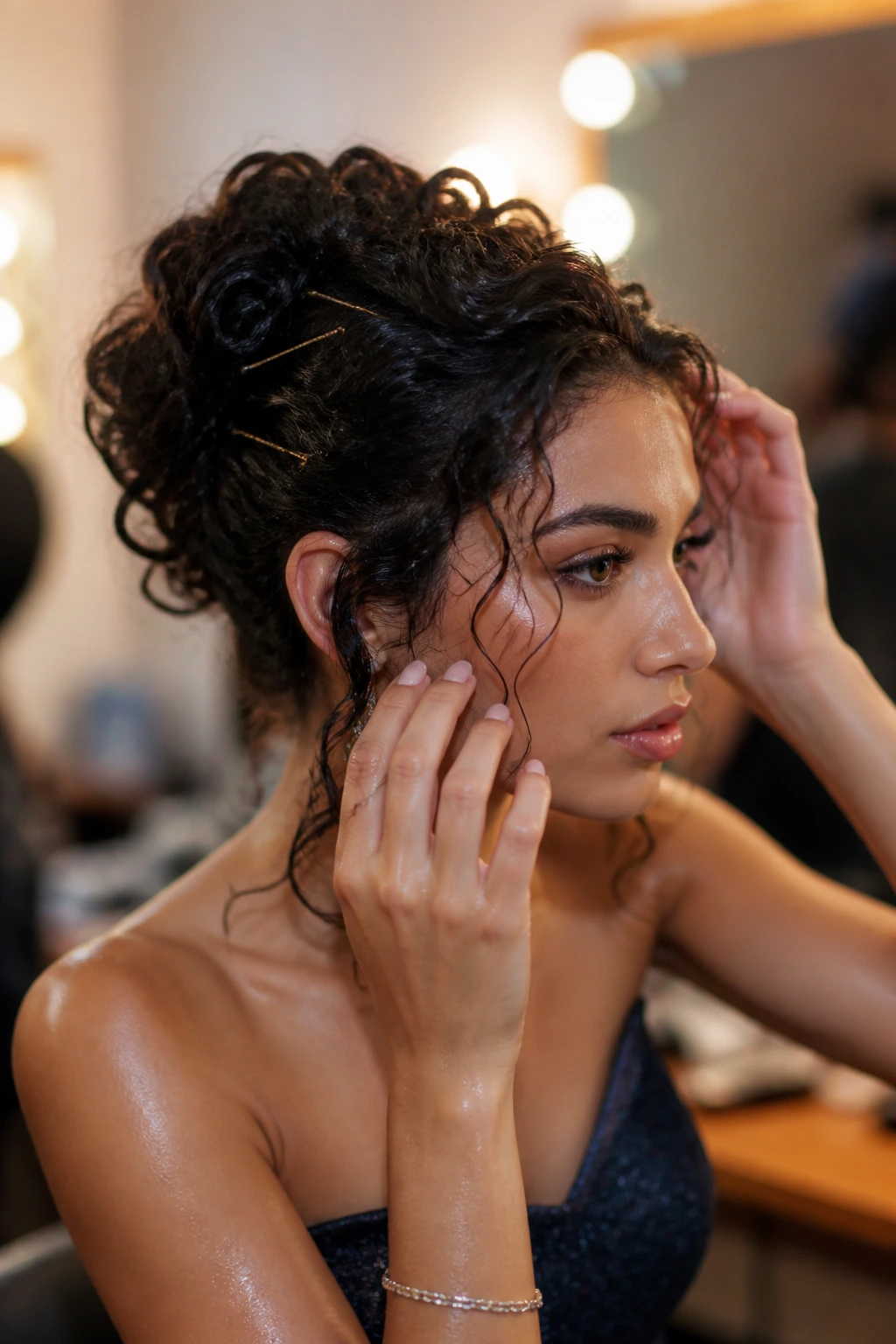 Real person with a curly updo being refreshed after dancing, hands smoothing the hair