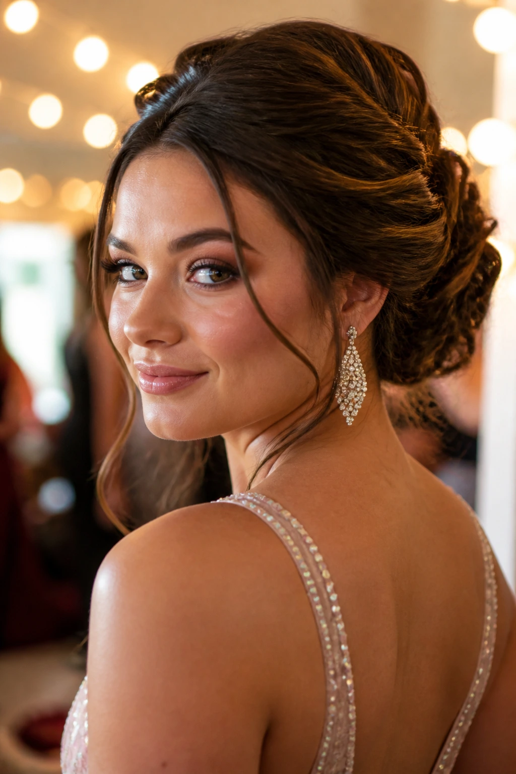 Close-up of a real woman with an elegant prom updo, ready for the dance floor, warm backstage lighting