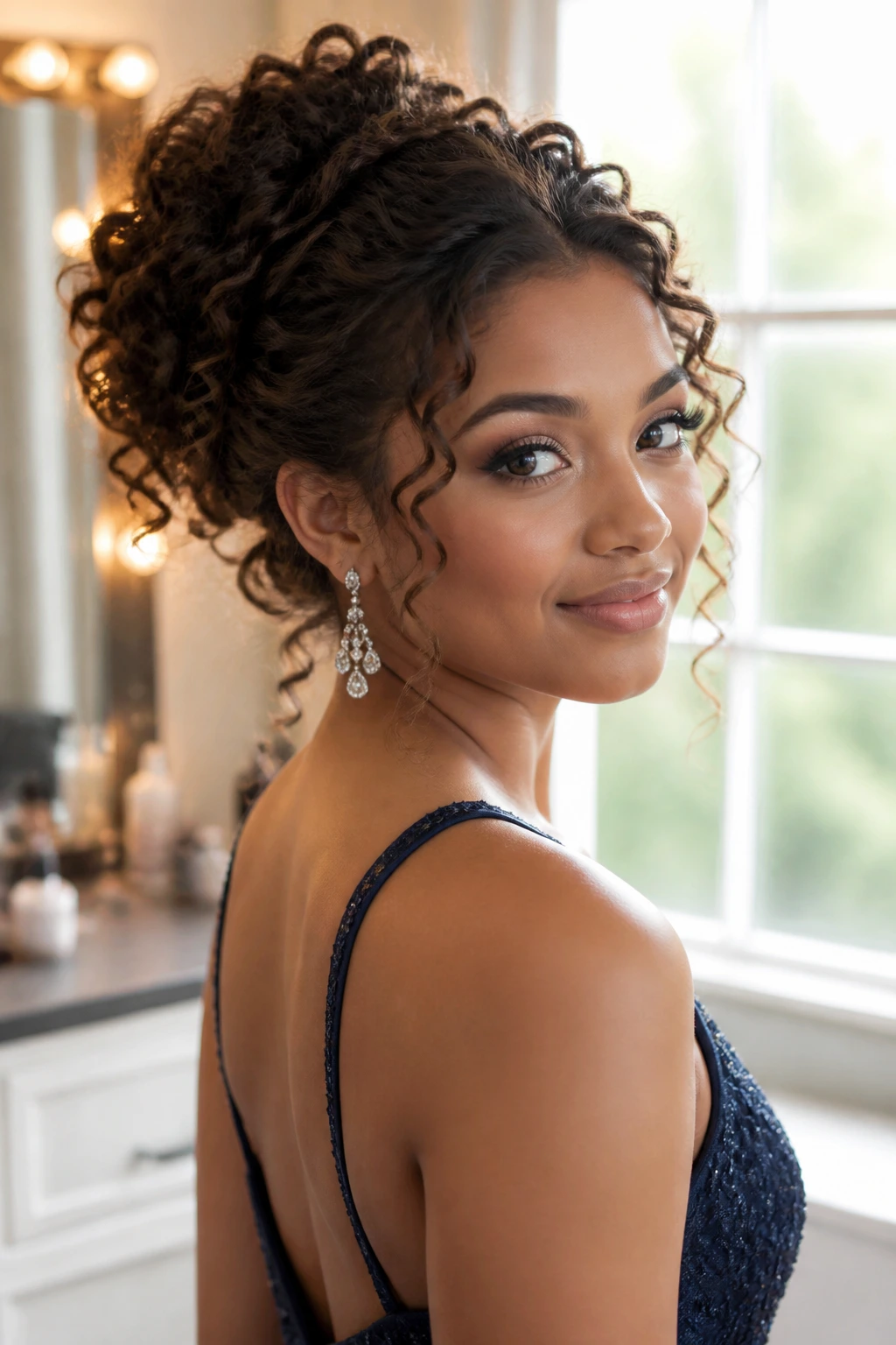 Close-up of a real woman with a curly prom updo showing shape and texture