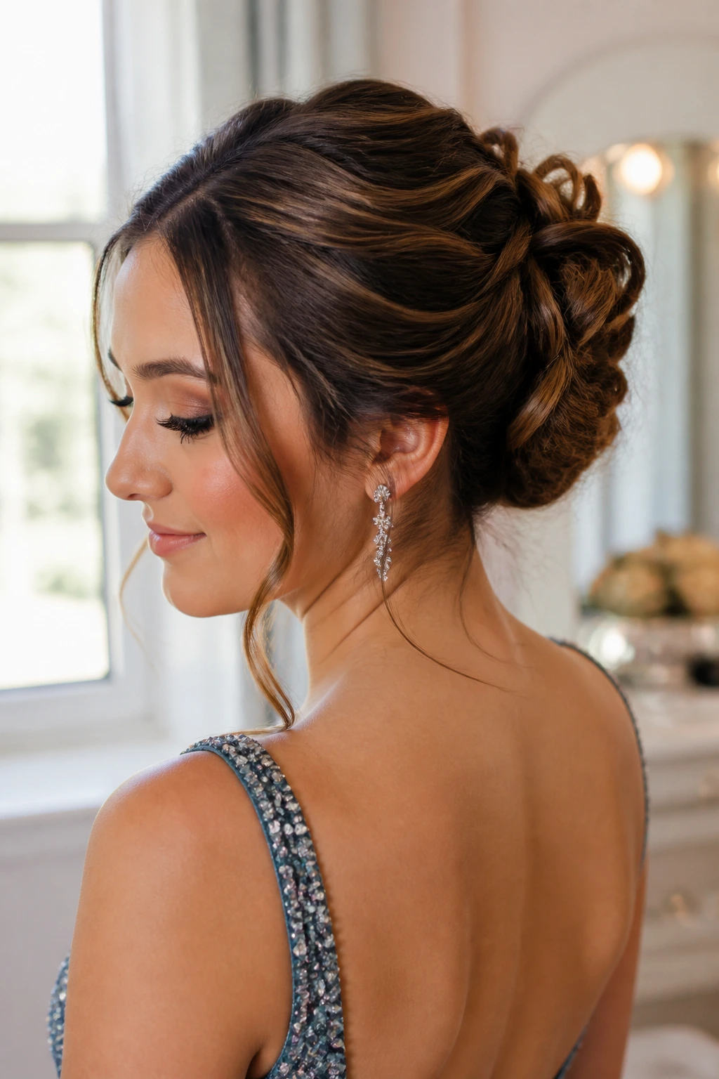 Portrait of a real person with a polished updo to illustrate lasting hold.