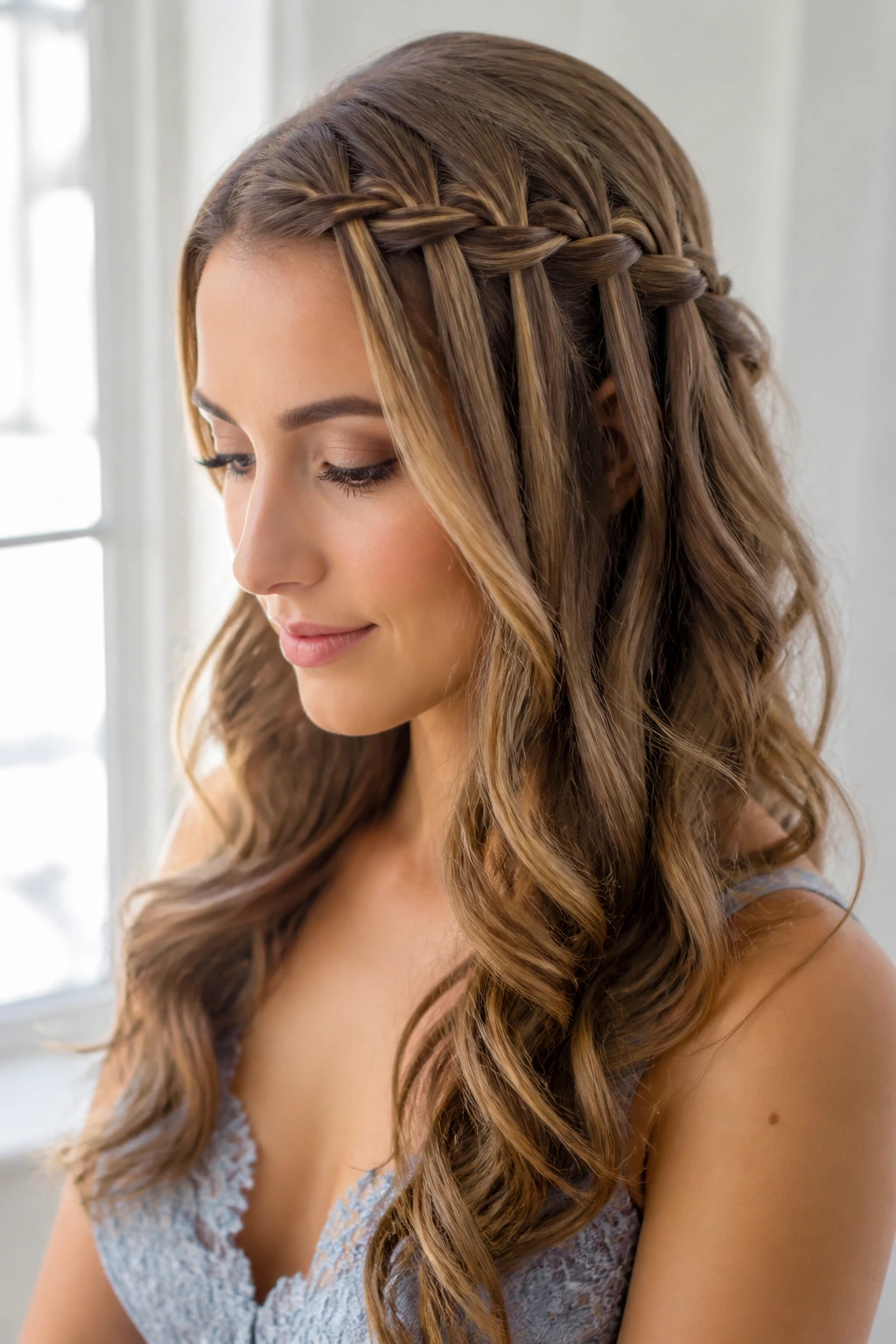 Close-up of a real woman with a waterfall braid and soft curls in sunlight