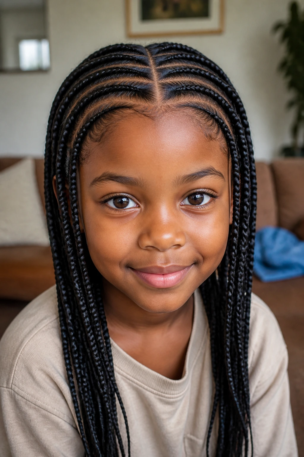 Child with neat protective braids and fresh parts in natural light.