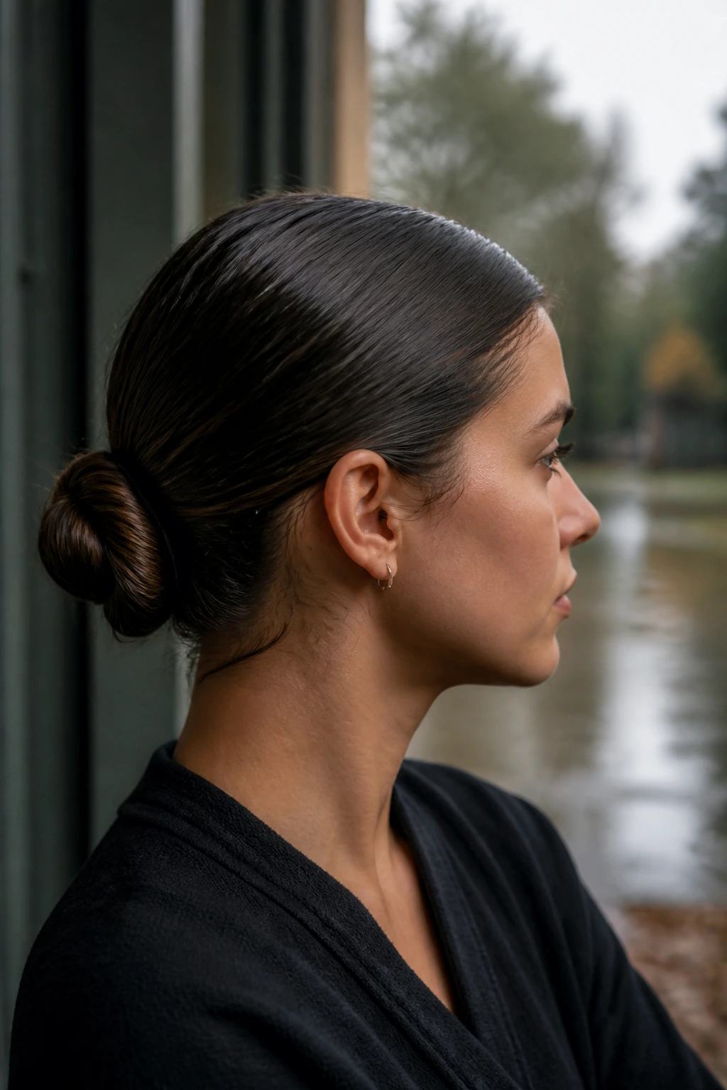 Profile view of a real woman with a protected, tucked bun suitable for rainy weather.