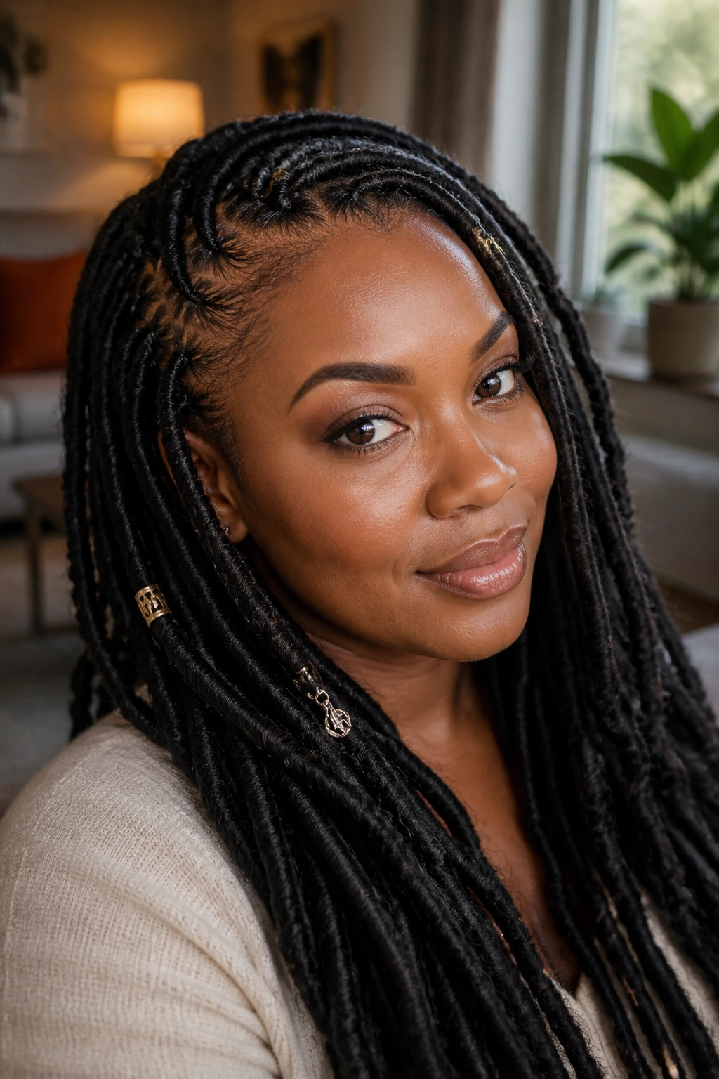 Portrait of a person showcasing a bold protective hairstyle variation like faux locs.