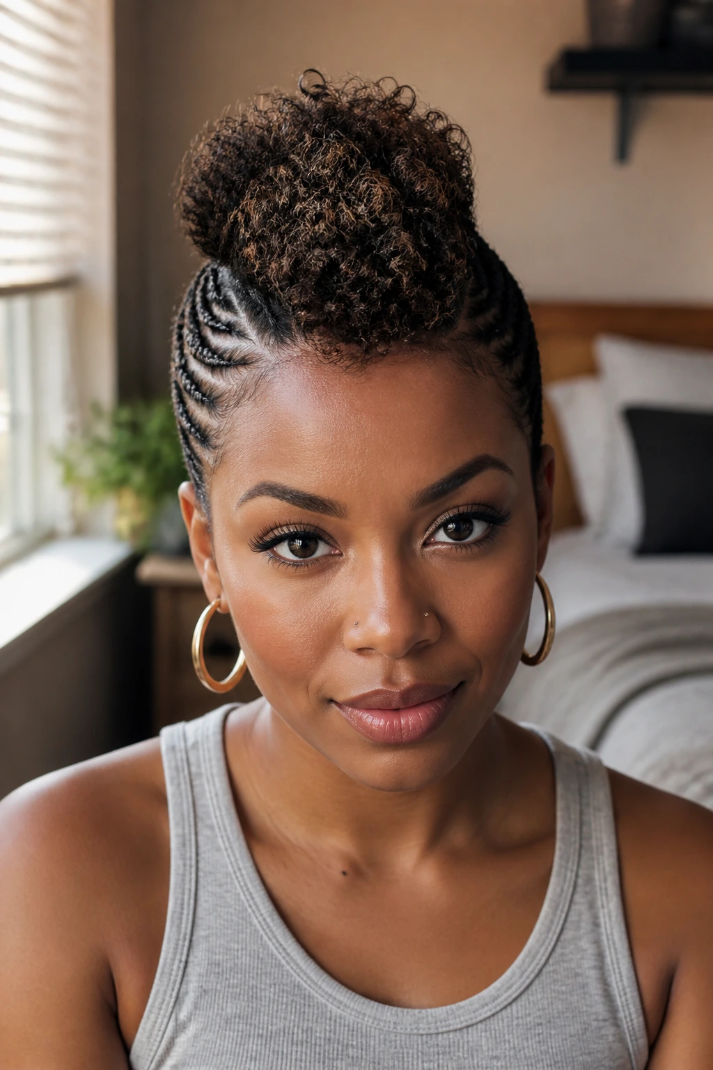 Close-up of a real person wearing a protective hawk with braided sides.